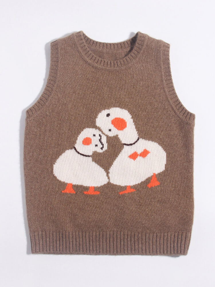 Kids Brown Duck Family Knit Sleeveless Cashmere Sweater Vest